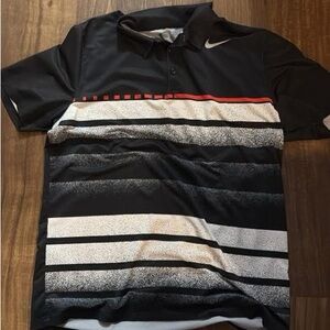 Nike Black Polo with White Gradient Stripes and Red Chest Detail